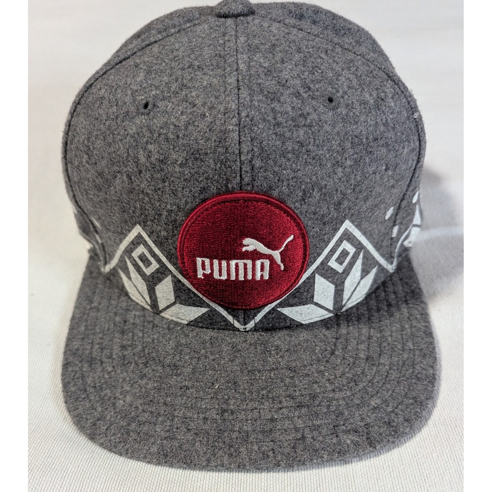 Puma Hat Mens One Size Wool Blend Snapback Cap Gray Red Patch Geometric Printed